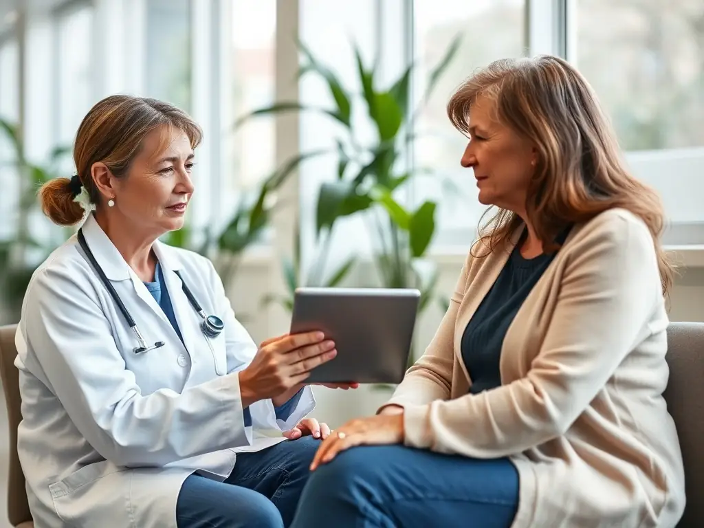 A healthcare professional conducting a health assessment with a patient in a modern clinic.